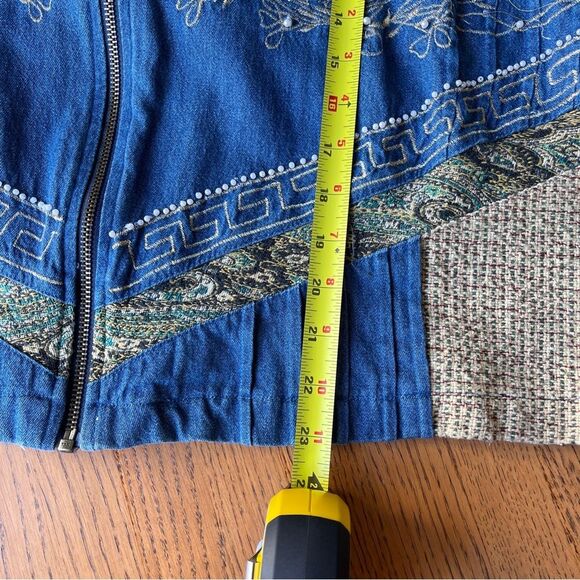 Tapestry Denim Swing Shacket Tweed Trim Pearls Zipper Front Vintage 2X - Picture 6 of 8